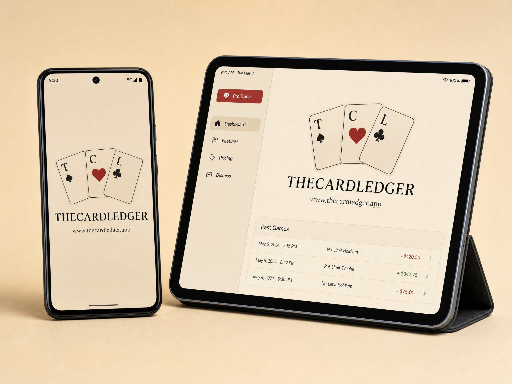 TheCardLedger app shown on a smartphone and tablet